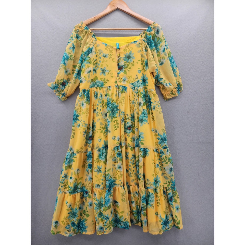 Janasya Yellow Floral Tiered Midi Dress Puff Sleeve Chiffon Boho Summer L NWOT